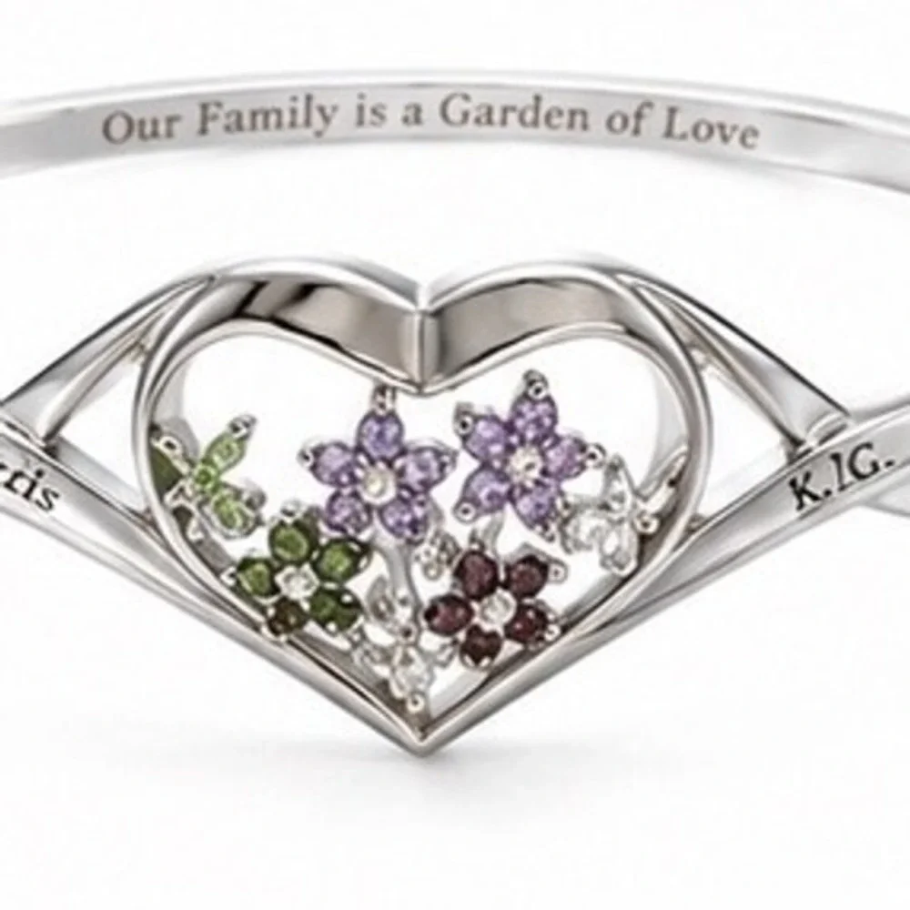 Family Garden of Love Heart Flower Engraved Hinged Bangle Bracelet
